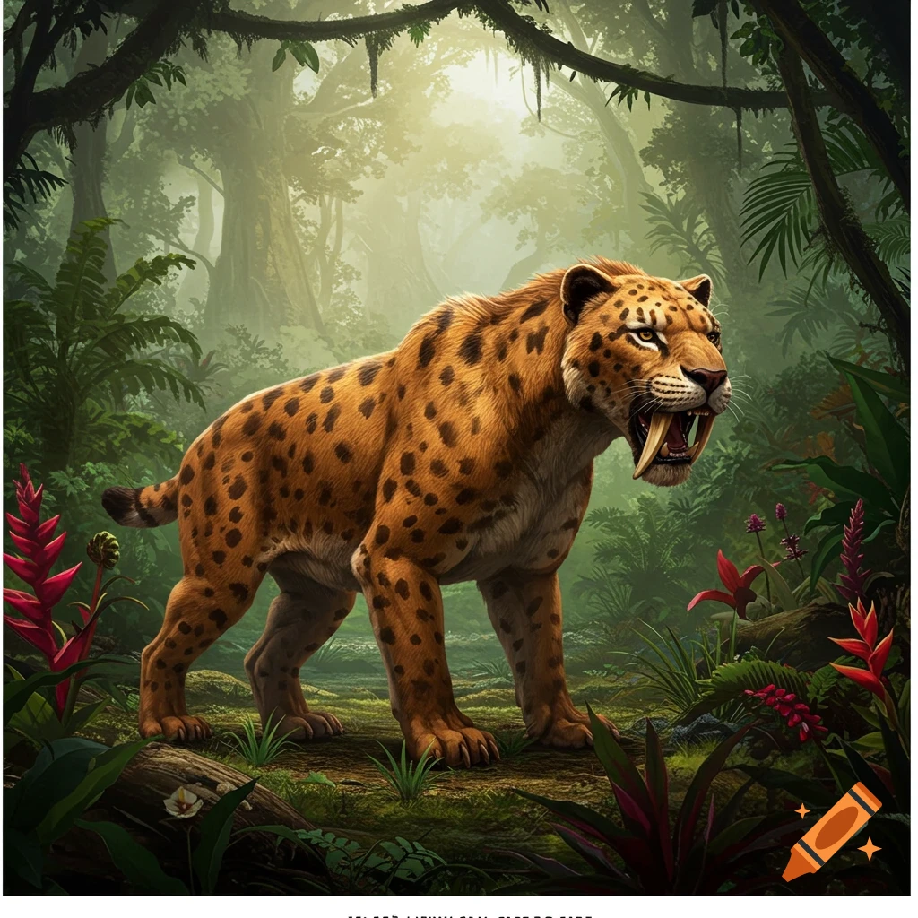 A majestic saber-toothed tiger stands in a vibrant, sunlit jungle, surrounded by lush foliage.