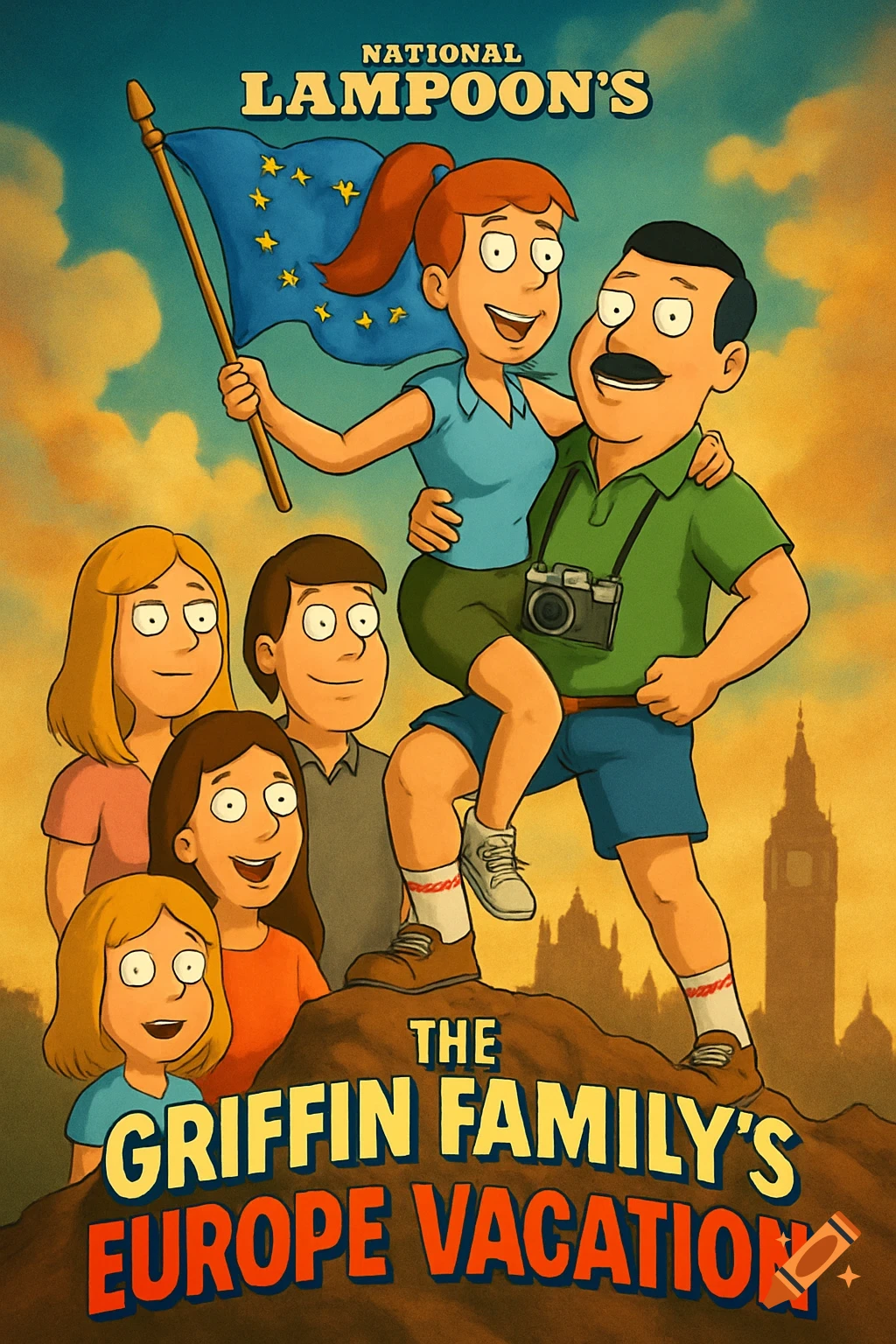 Cartoon movie poster of the Griffin family on vacation, with parents and children, a European Union flag, and European landmarks in the background.