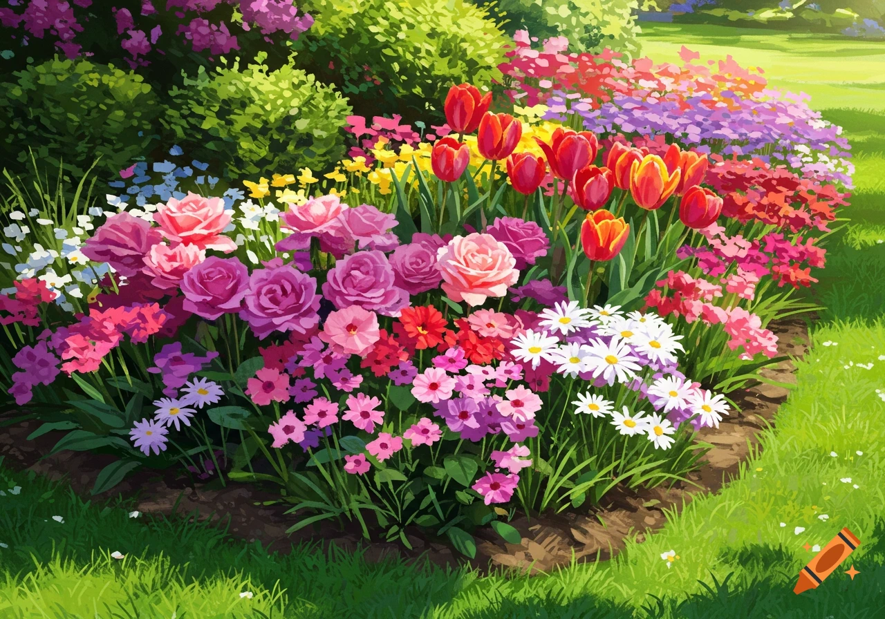 A vibrant flower bed filled with colorful roses, tulips, and daisies, surrounded by green grass.