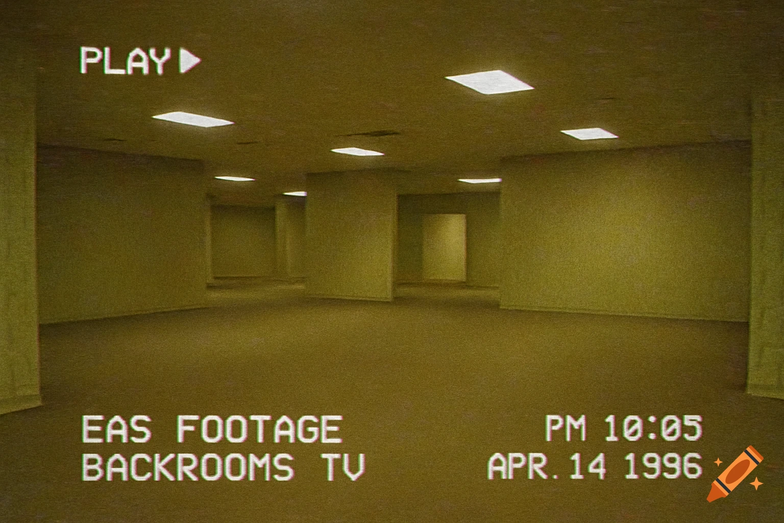 A grainy, yellow-tinted image of an empty, expansive room with fluorescent lights, resembling VHS footage of a liminal space.