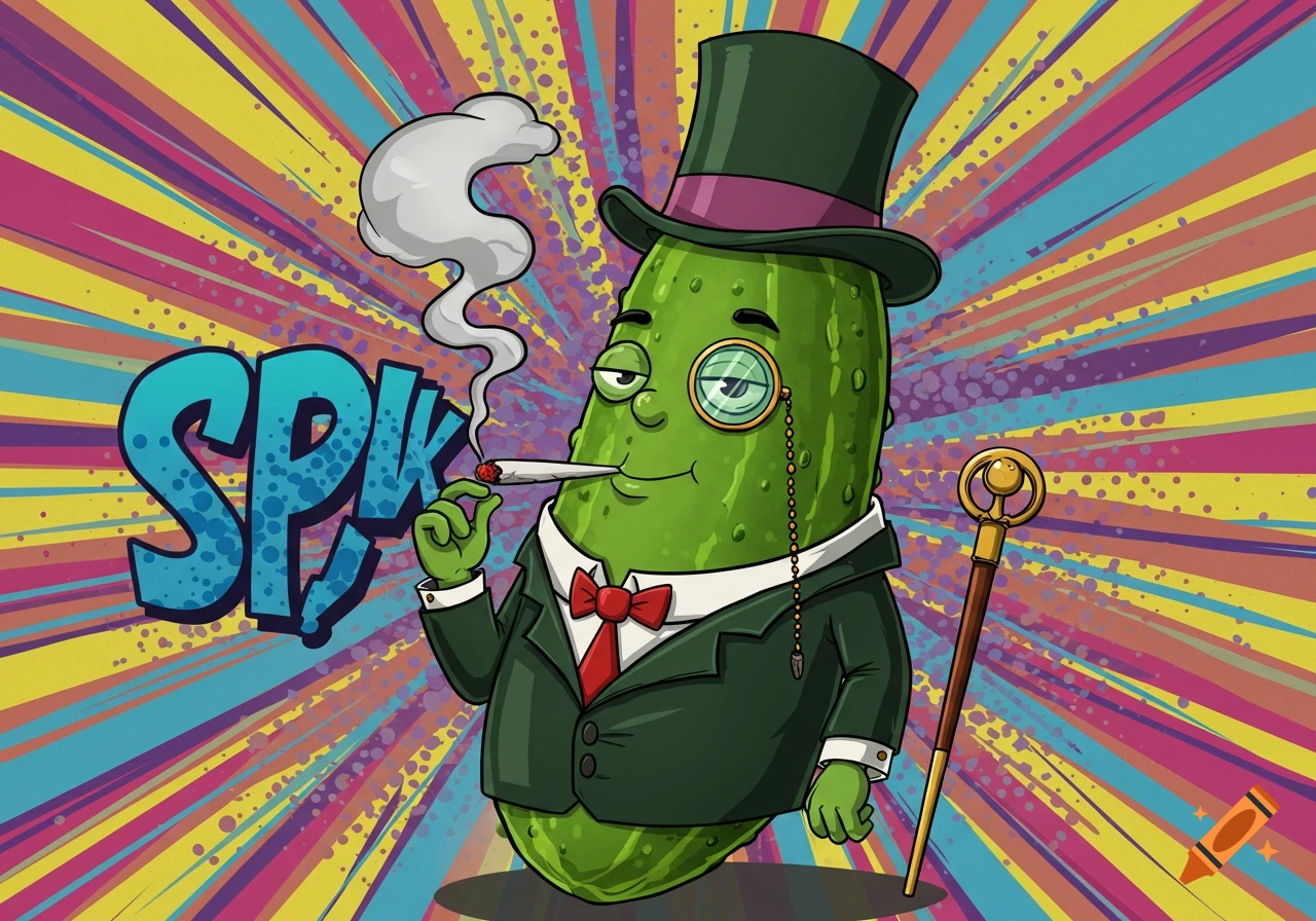 A cartoon pickle in a suit, top hat, and monocle smokes a joint with a colorful pop art background.