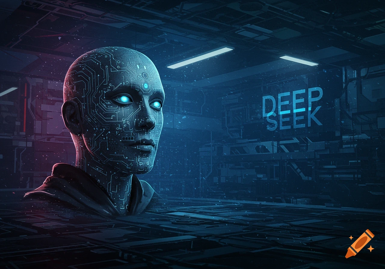 A futuristic cyborg head with glowing blue eyes and circuit patterns, emerging from a tech floor in a blue-lit server room with "DEEP SEEK" text on a wall.