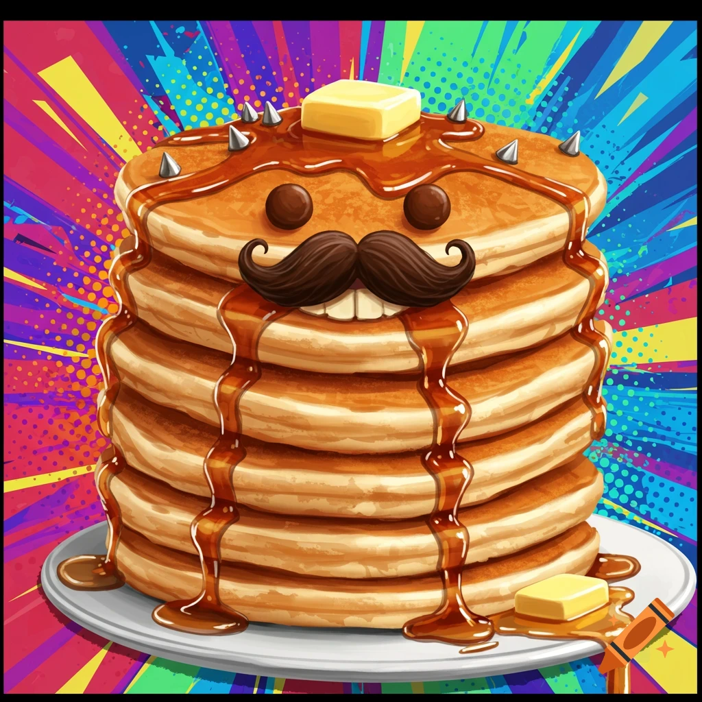 A stack of cartoon pancakes with a mustache, teeth, chocolate chip eyes, and metal spikes, covered in syrup against a colorful pop art background.