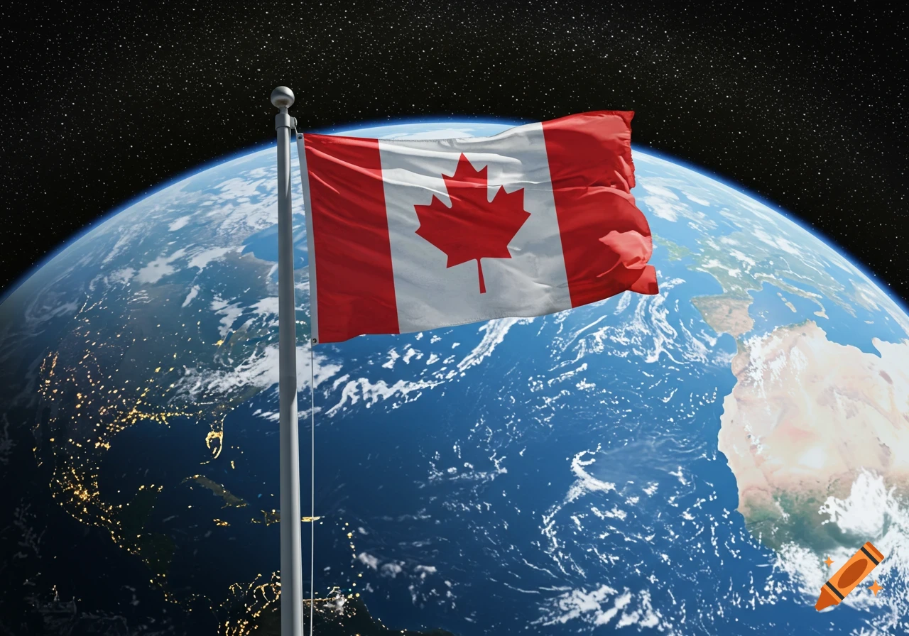 Canadian flag flying above Earth as seen from space, with visible city lights on the night side.