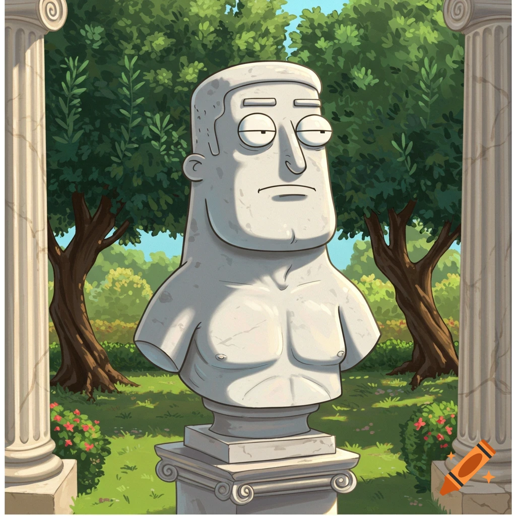 A cartoon stone bust of a man with large eyes and a flat expression, resembling Carl from Aqua Teen Hunger Force, stands in a classical garden with trees and pillars.