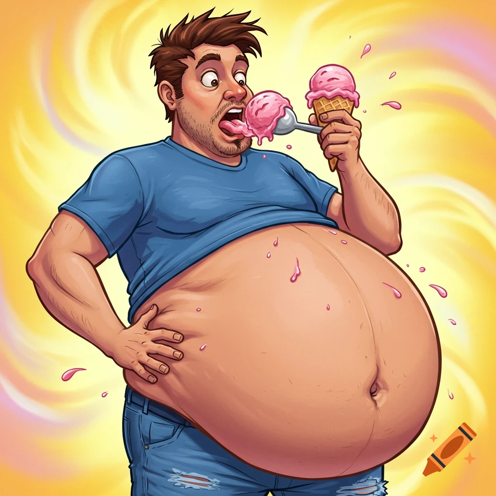Cartoon man with a giant belly eating pink ice cream from a spoon and cone.