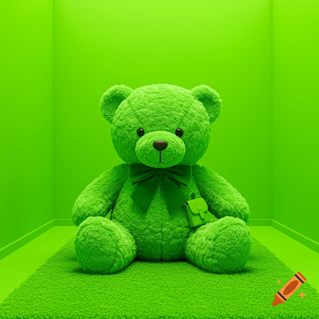A bright green teddy bear with a matching bowtie and small backpack sits on a green carpet in a vibrant green room.