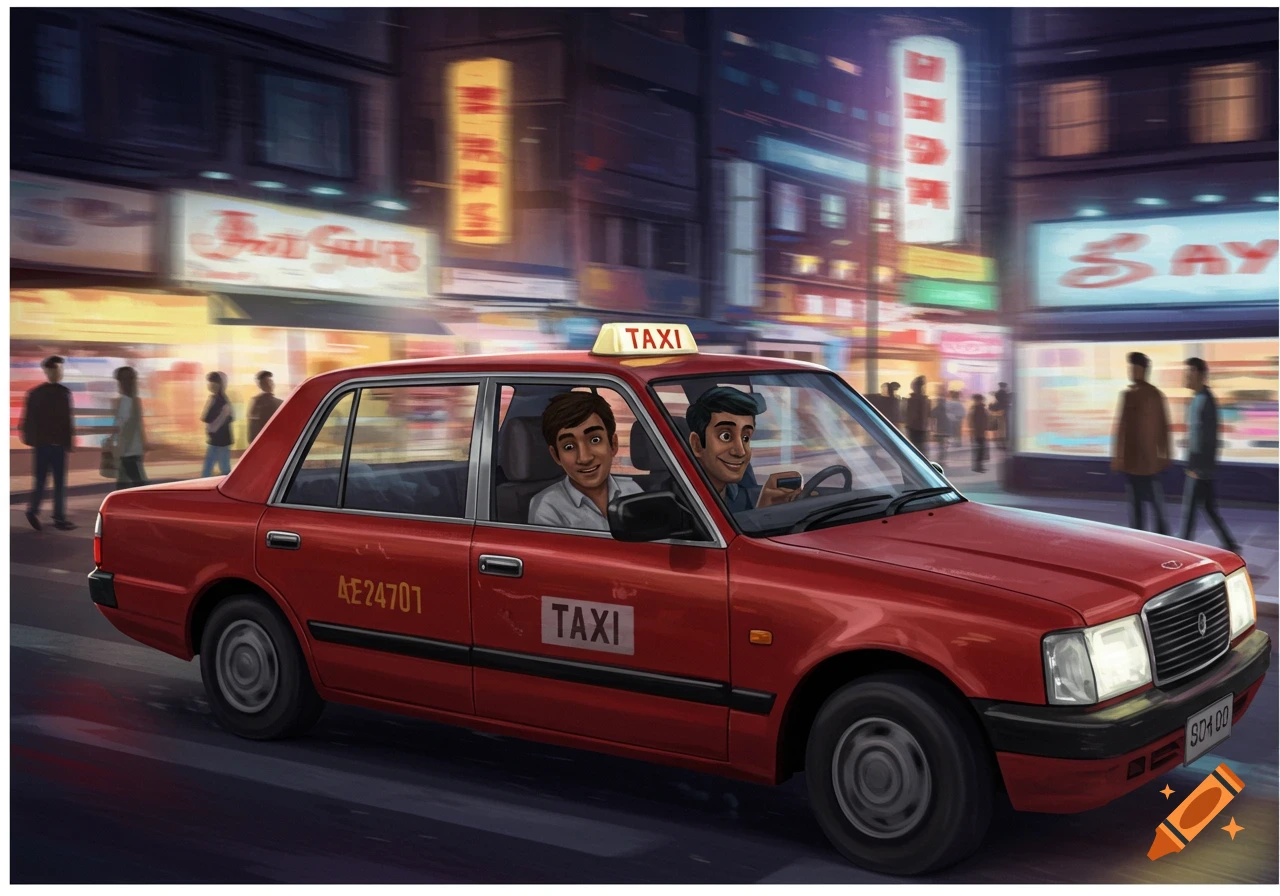 A red taxi with two men inside drives down a busy city street at night, illuminated by neon signs.