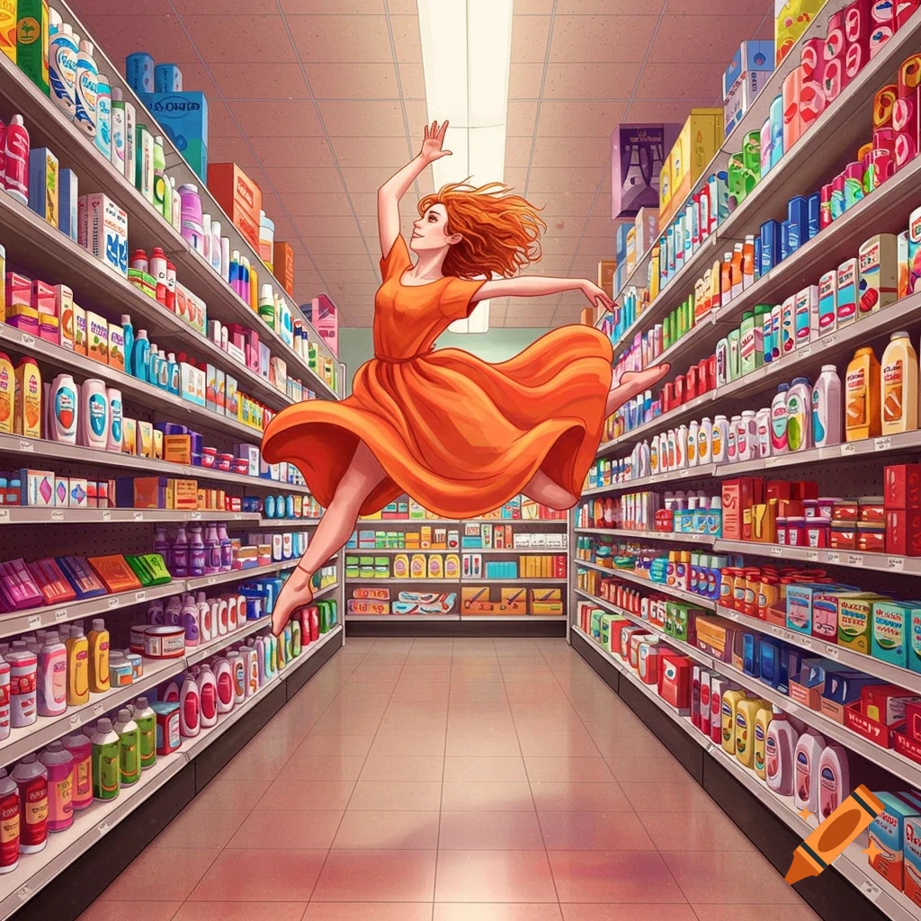 A red-haired woman in an orange dress leaps joyfully in a brightly lit supermarket aisle, surrounded by shelves of products.