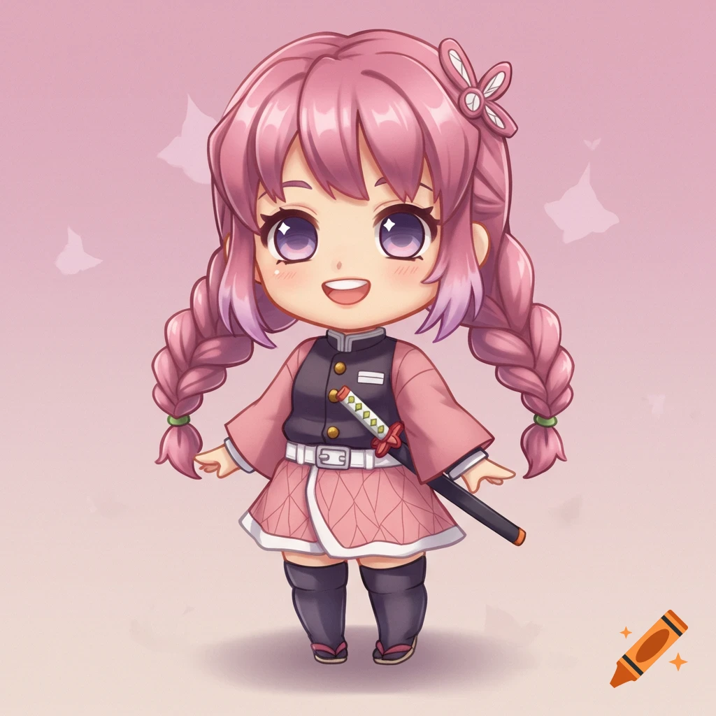 A cute chibi anime girl with pink braided hair and purple eyes, wearing a black and pink uniform, holding a sword and smiling.