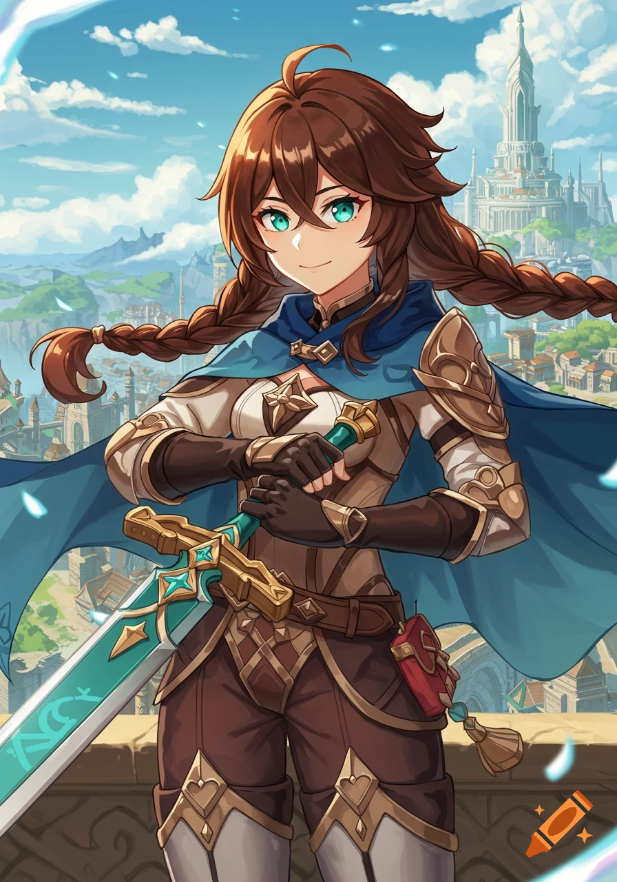 Anime female character with brown braids and turquoise eyes in armor and blue cape, holding a sword, against a fantasy city and castle backdrop.