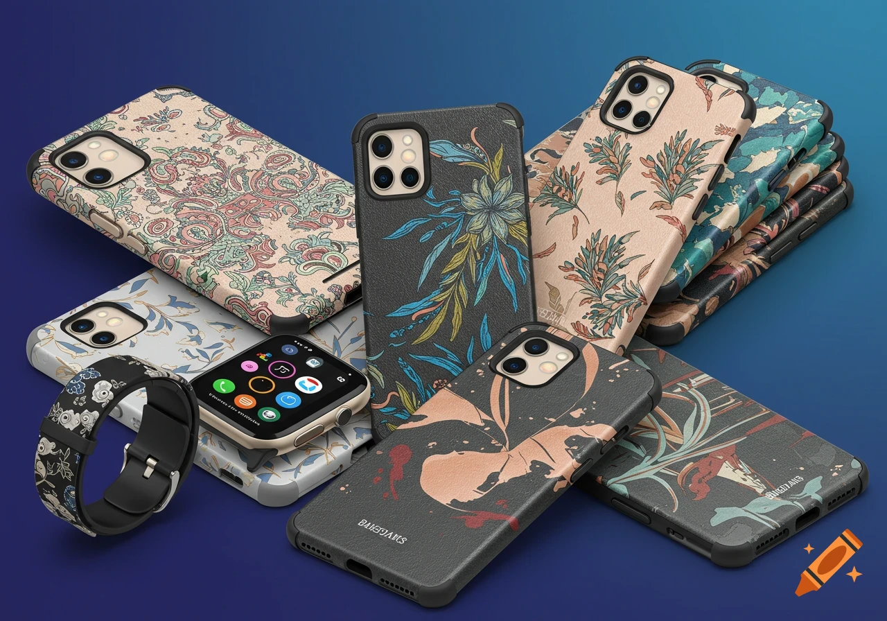 A collection of patterned smartphone cases and a smartwatch displayed on a gradient blue background.