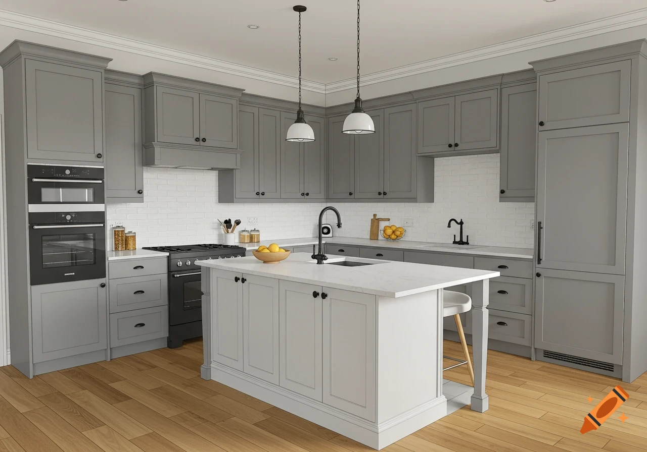 A modern L-shaped kitchen with stone grey cabinets, a white island, black hardware, and light wood plank floors.