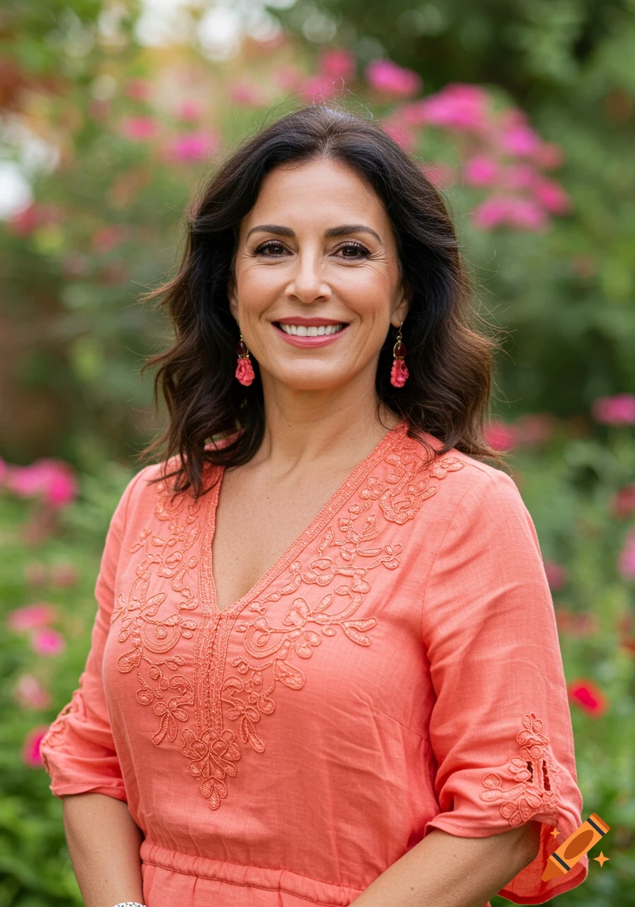 A smiling middle-aged woman with dark hair and a peach embroidered shirt stands in a garden with pink flowers in the blurred background.