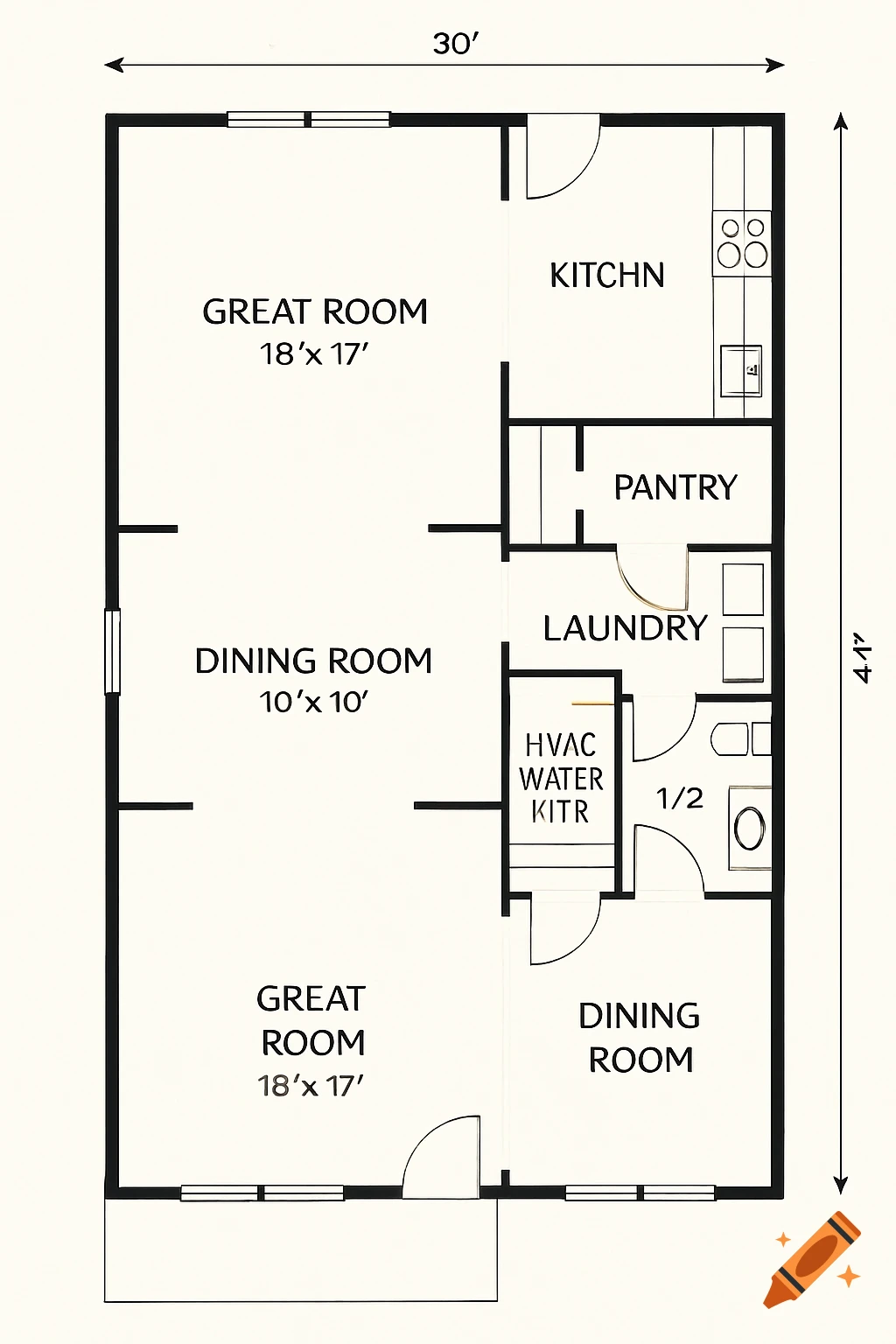 A black and white floor plan for a house, measuring 30 feet by 44 feet, showing rooms including a great room, kitchen, pantry, laundry, half bath, and dining room.