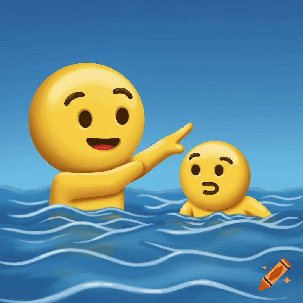 A large, smiling emoji points at a smaller, surprised emoji in blue water under a clear sky.