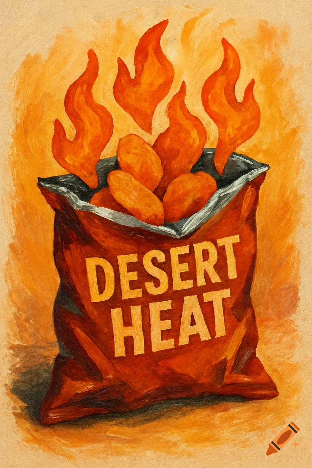 An illustration of an open bag of "Desert Heat" chips with flame-shaped crisps and flames rising above it on an orange background.