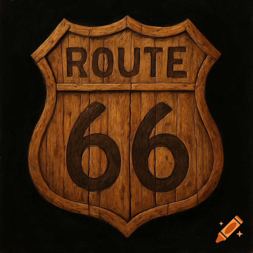A wooden shield-shaped sign with 'ROUTE' carved above '66' on a black background.
