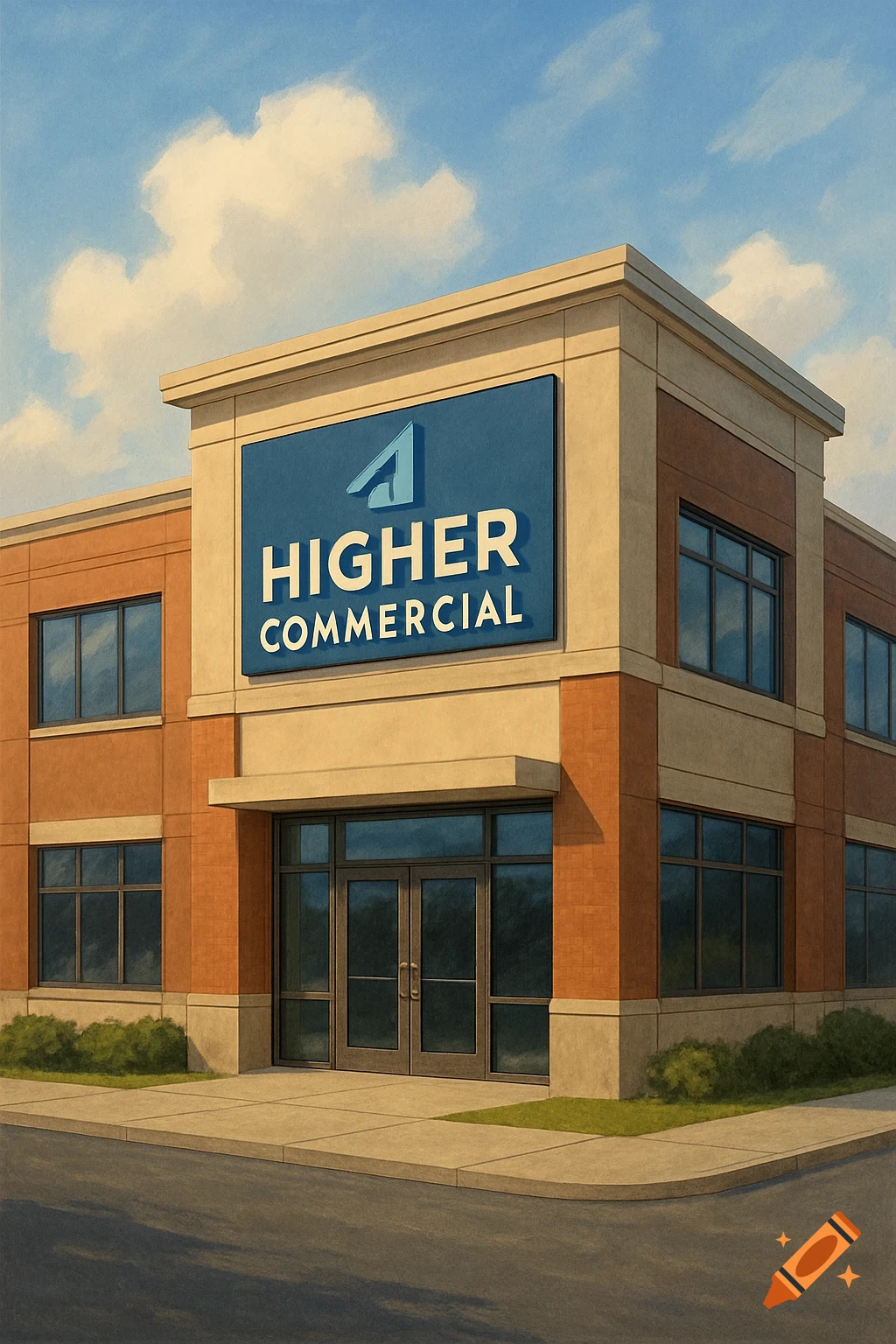 A two-story commercial building with 'HIGHER COMMERCIAL' text on a prominent blue sign, under a clear blue sky.