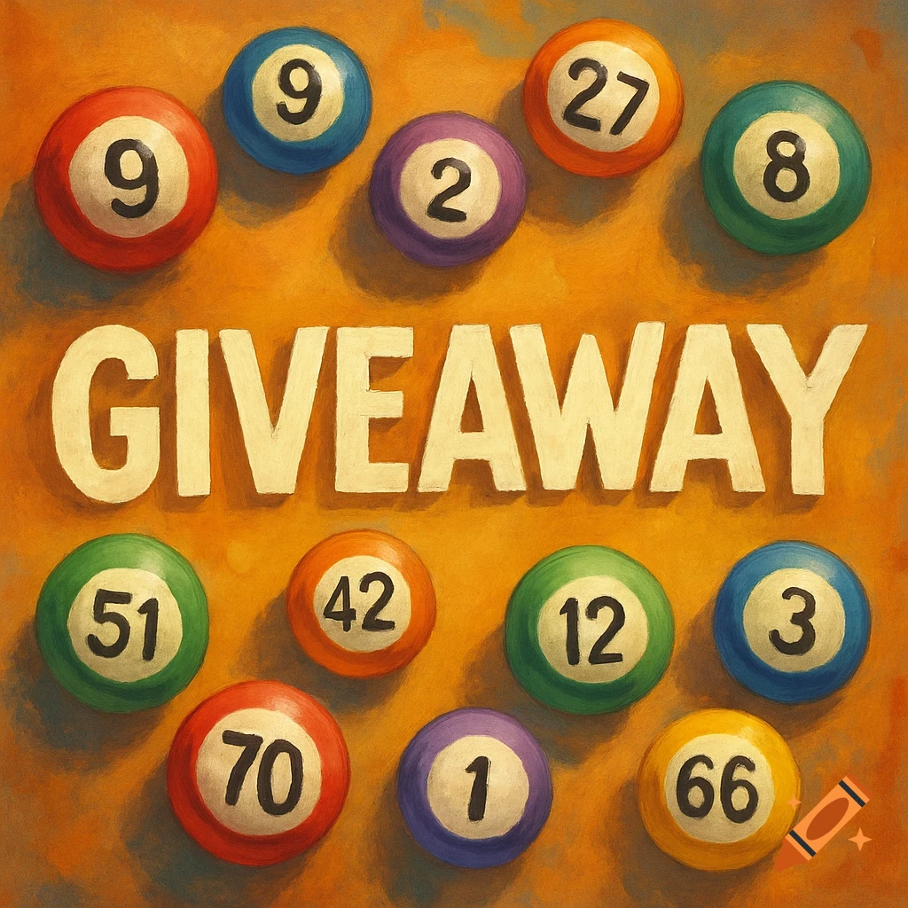 A vibrant painting of the word GIVEAWAY in large white letters, surrounded by colorful numbered bingo balls on an orange background.