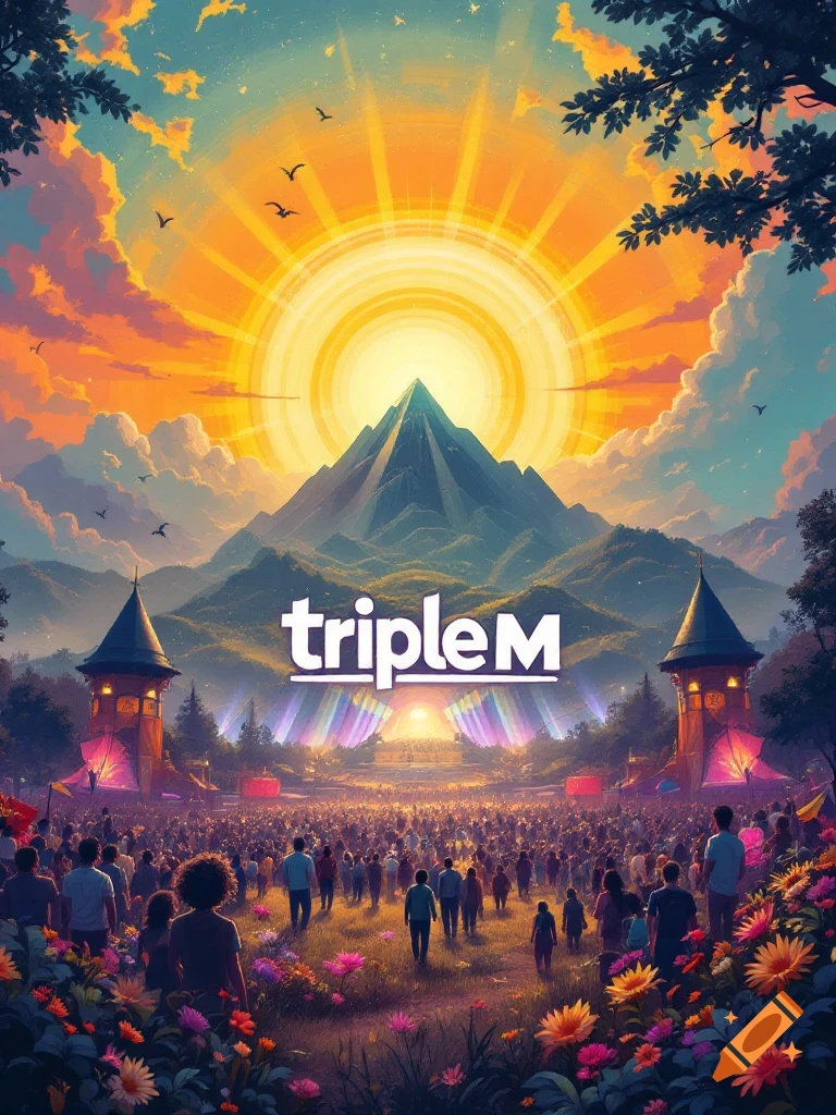 A vibrant, stylized music festival poster with a large crowd in front of a stage, a mountain, and a huge sunset, with 'tripleM' text.