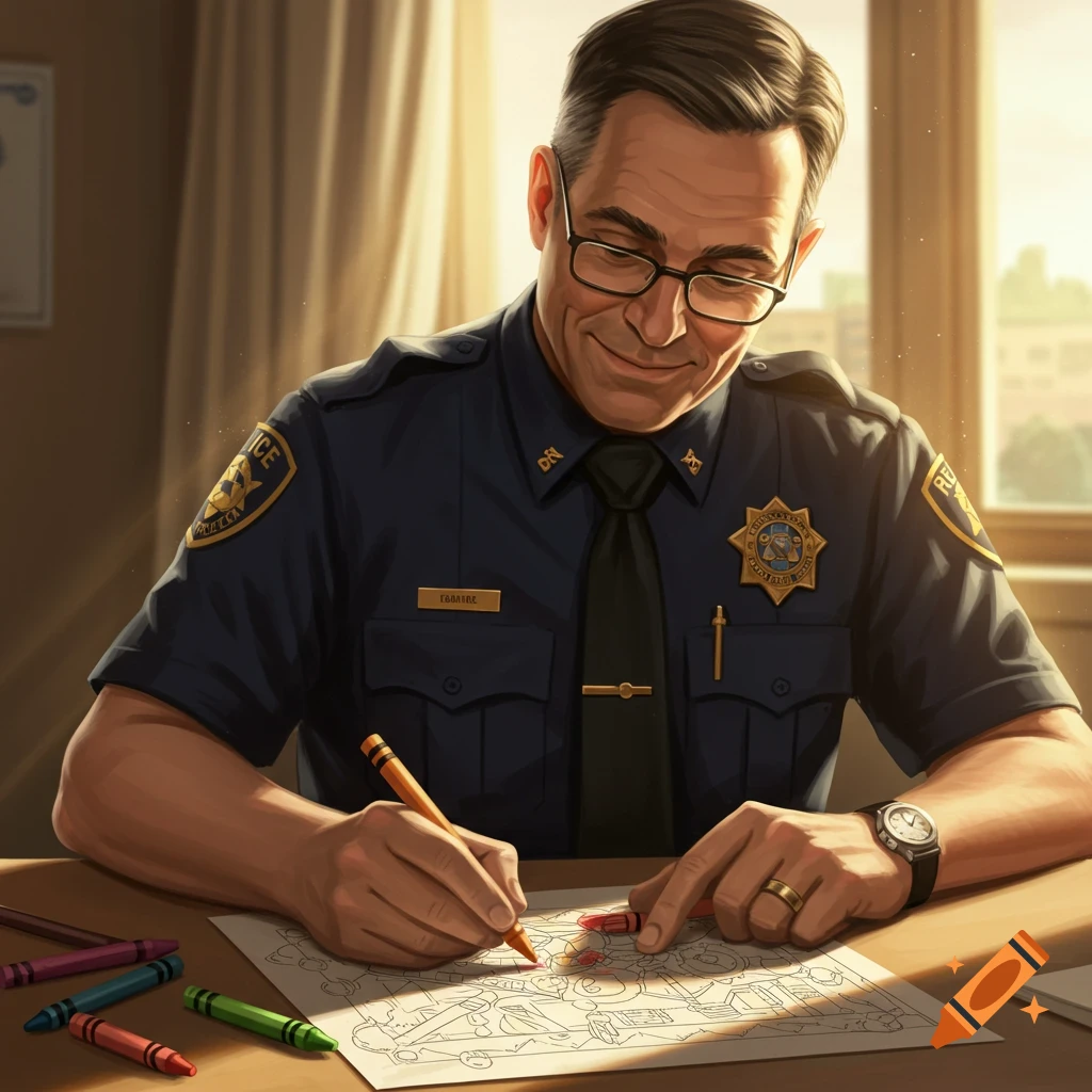 A smiling police officer wearing glasses and a uniform is seated at a table, coloring in a book with crayons.