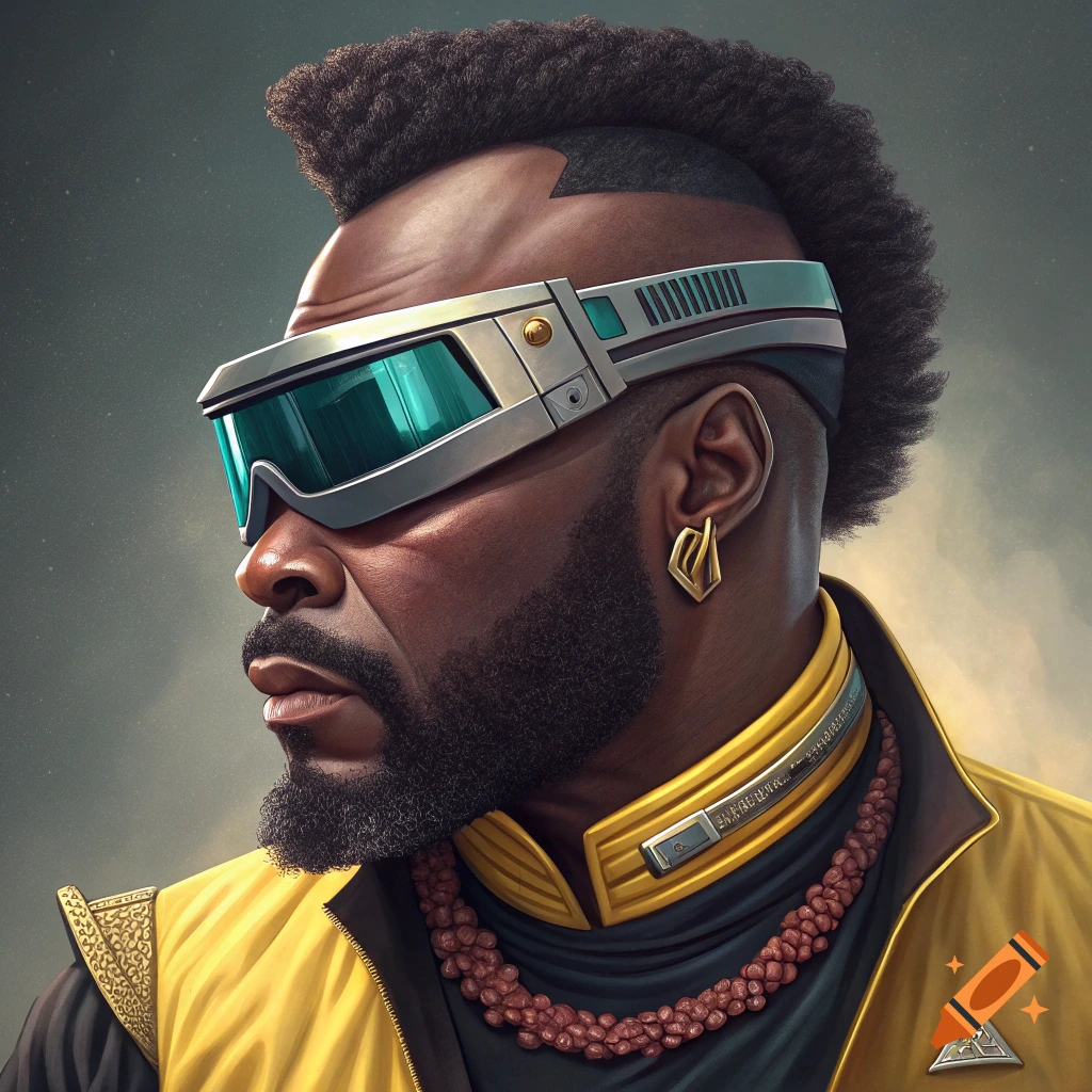 A man with dark skin, a mohawk, and a beard, wearing a yellow jacket, a beaded necklace, and futuristic silver visor glasses, in a detailed portrait.