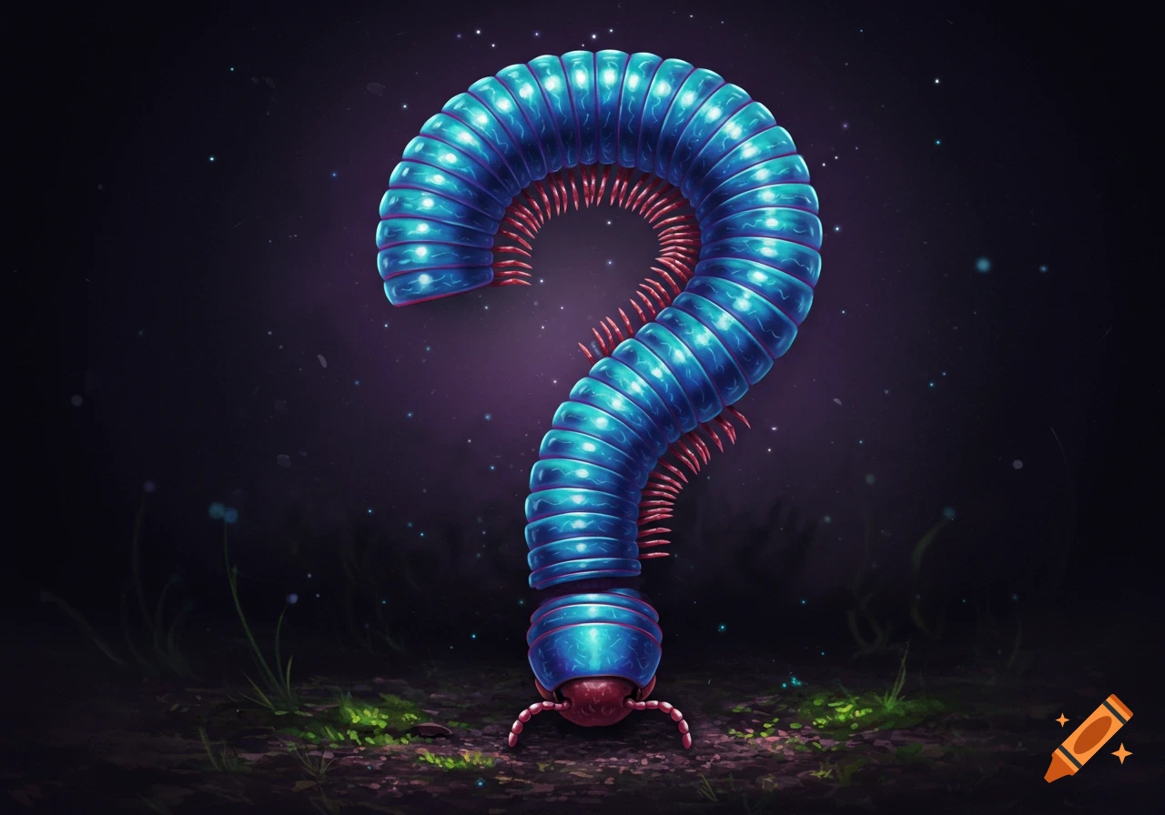 A blue and red glowing millipede shaped like a question mark in a dark, ethereal fantasy setting with glowing plants.