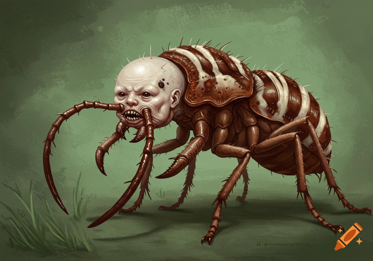 A hideous insect creature with a pale human baby's face, large pincers, and a striped, ant-like body on a green background.