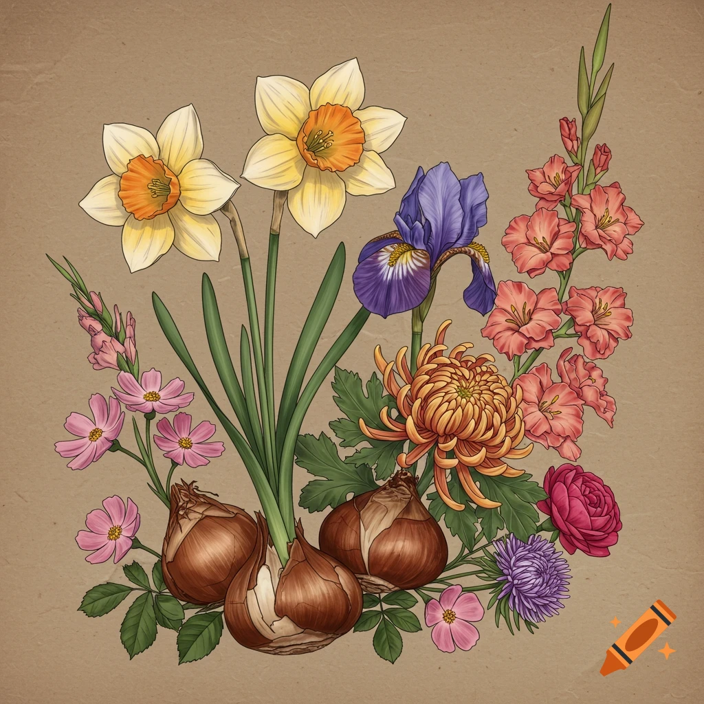 A stylized botanical illustration of a bouquet featuring daffodils, an iris, a chrysanthemum, cosmos, a rose, an aster, and several flower bulbs on a neutral background.