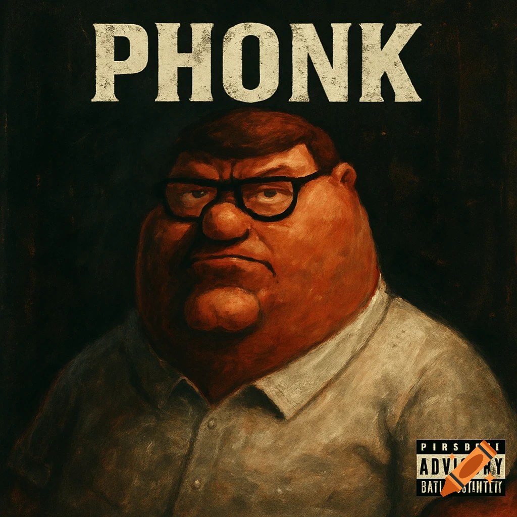 A stylized, painterly portrait resembling Peter Griffin from Family Guy, wearing glasses and a light shirt, against a dark background. The word "PHONK" is above him, and a partial, illegible parental advisory label is in the bottom right corner.
