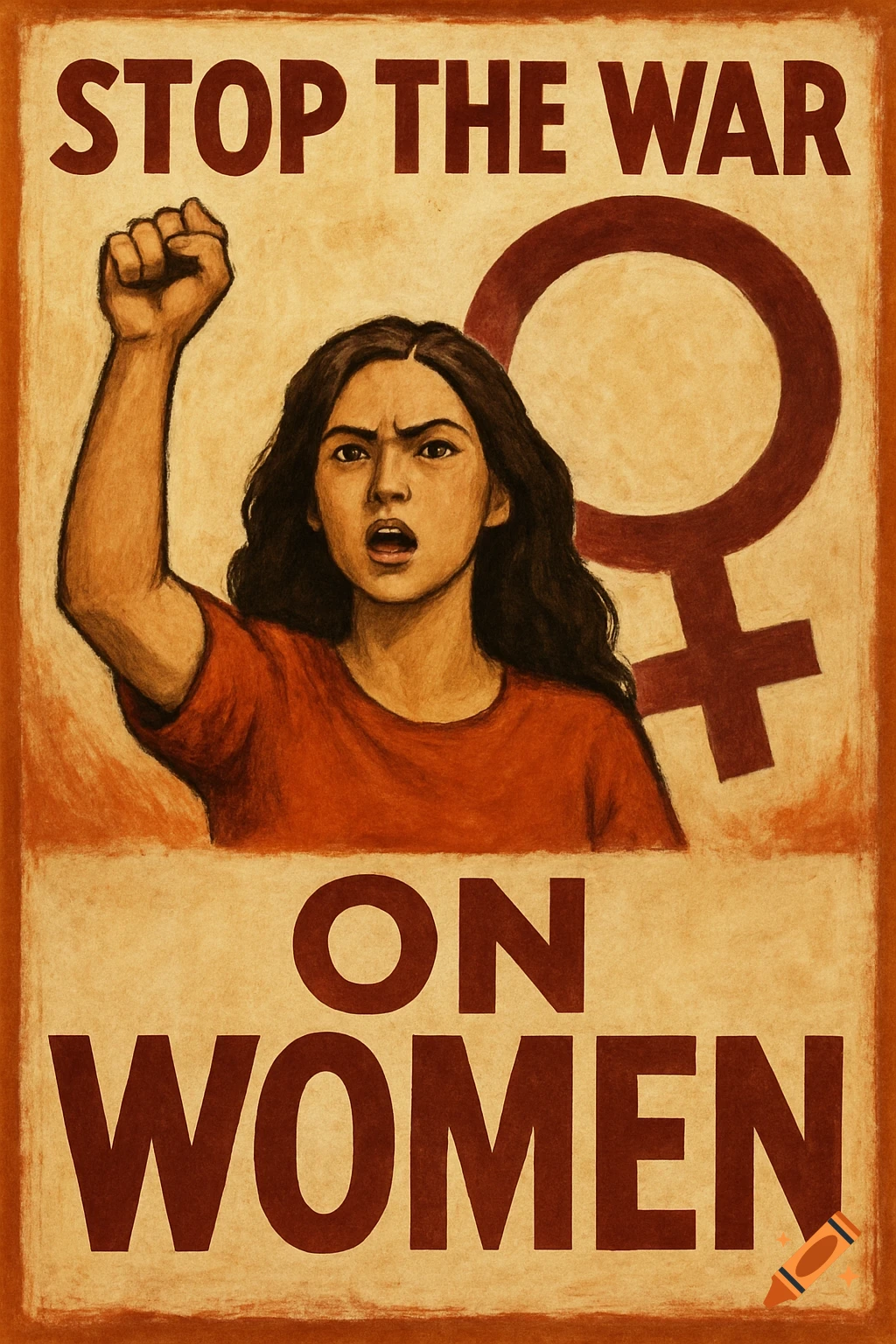 A vintage-style propaganda poster with a woman raising her fist, saying 'STOP THE WAR ON WOMEN'. A female symbol is in the background.