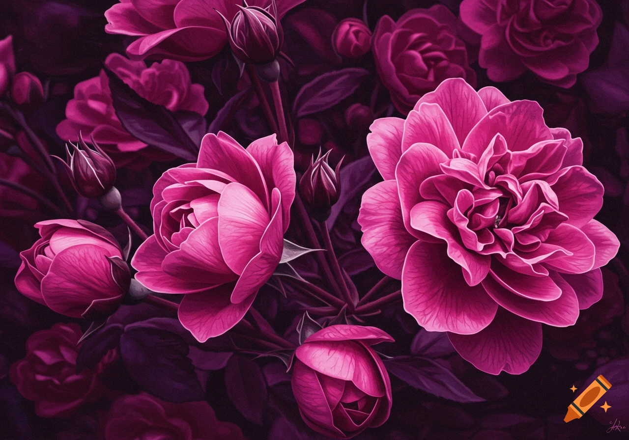 Close-up of vibrant pink roses and rosebuds against a deep purple background, digitally painted.