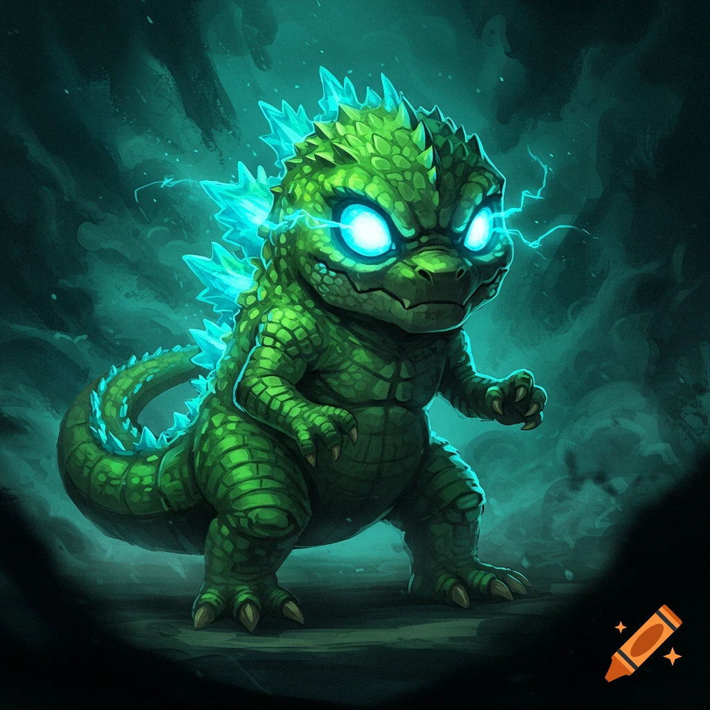 A cute green baby Godzilla-like creature with glowing blue eyes and spikes stands amidst dark mist and lightning.