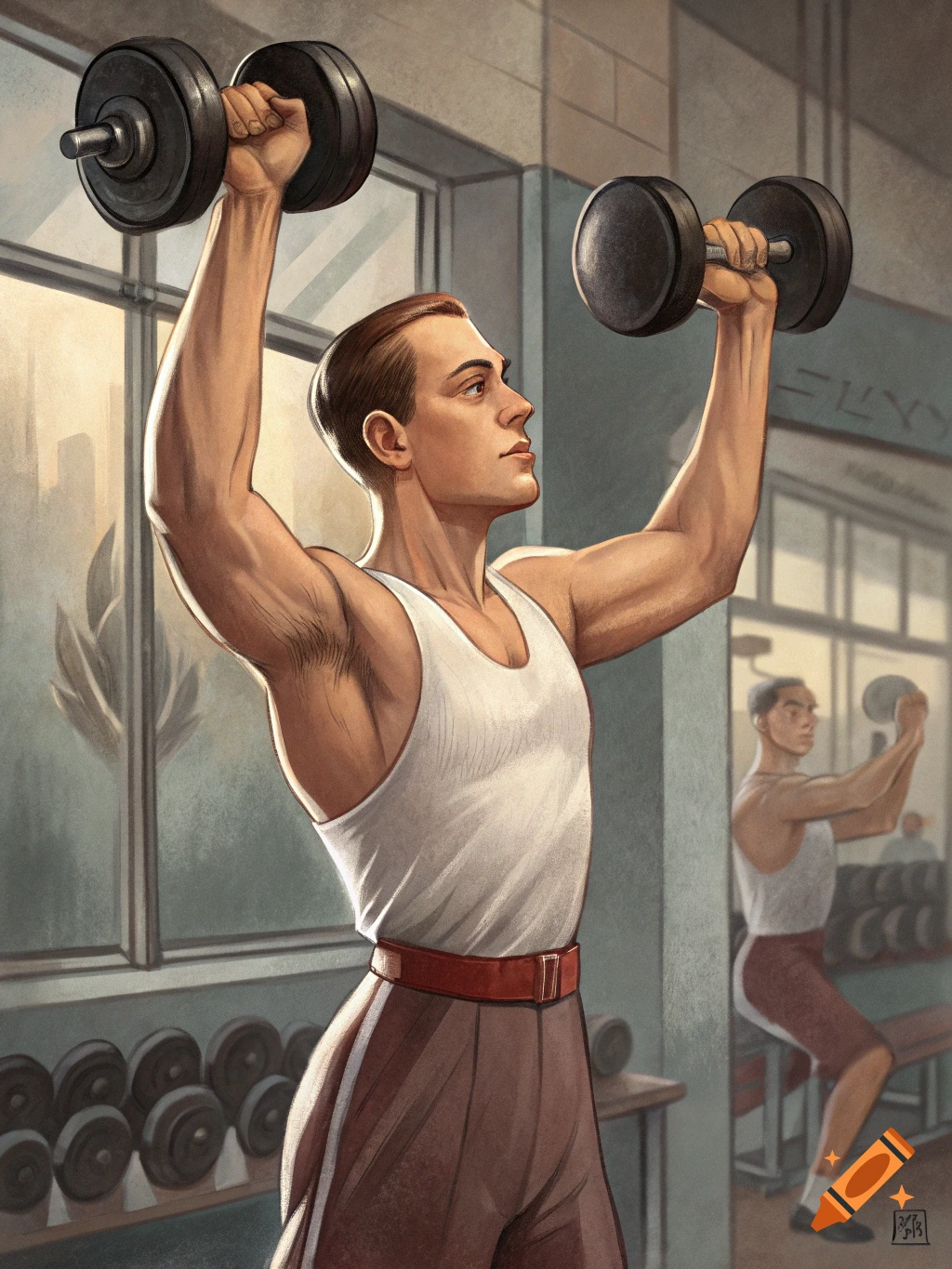 An illustration of a man resembling Rudolph Valentino lifting dumbbells in a gym.