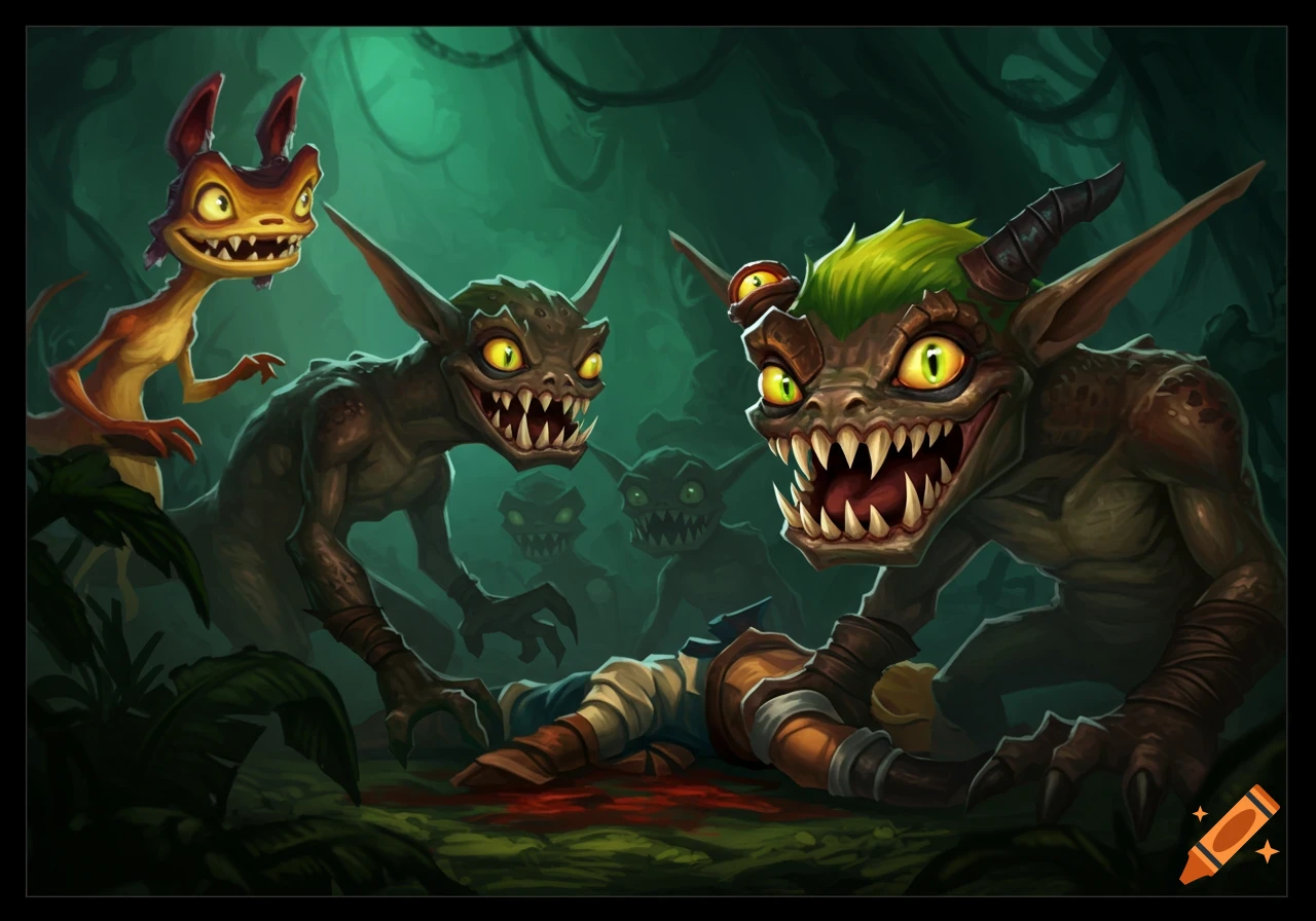 Stylized illustration of several grinning, sharp-toothed goblins surrounding a fallen human in a dark jungle.