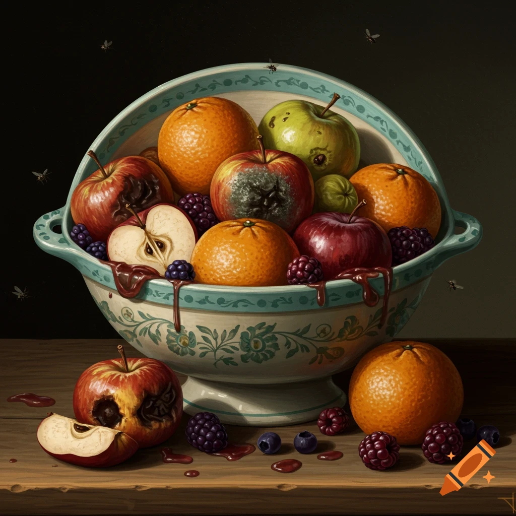 A classical still life painting depicting a bowl of rotting fruit, including apples, oranges, and berries, with flies and dripping liquid.