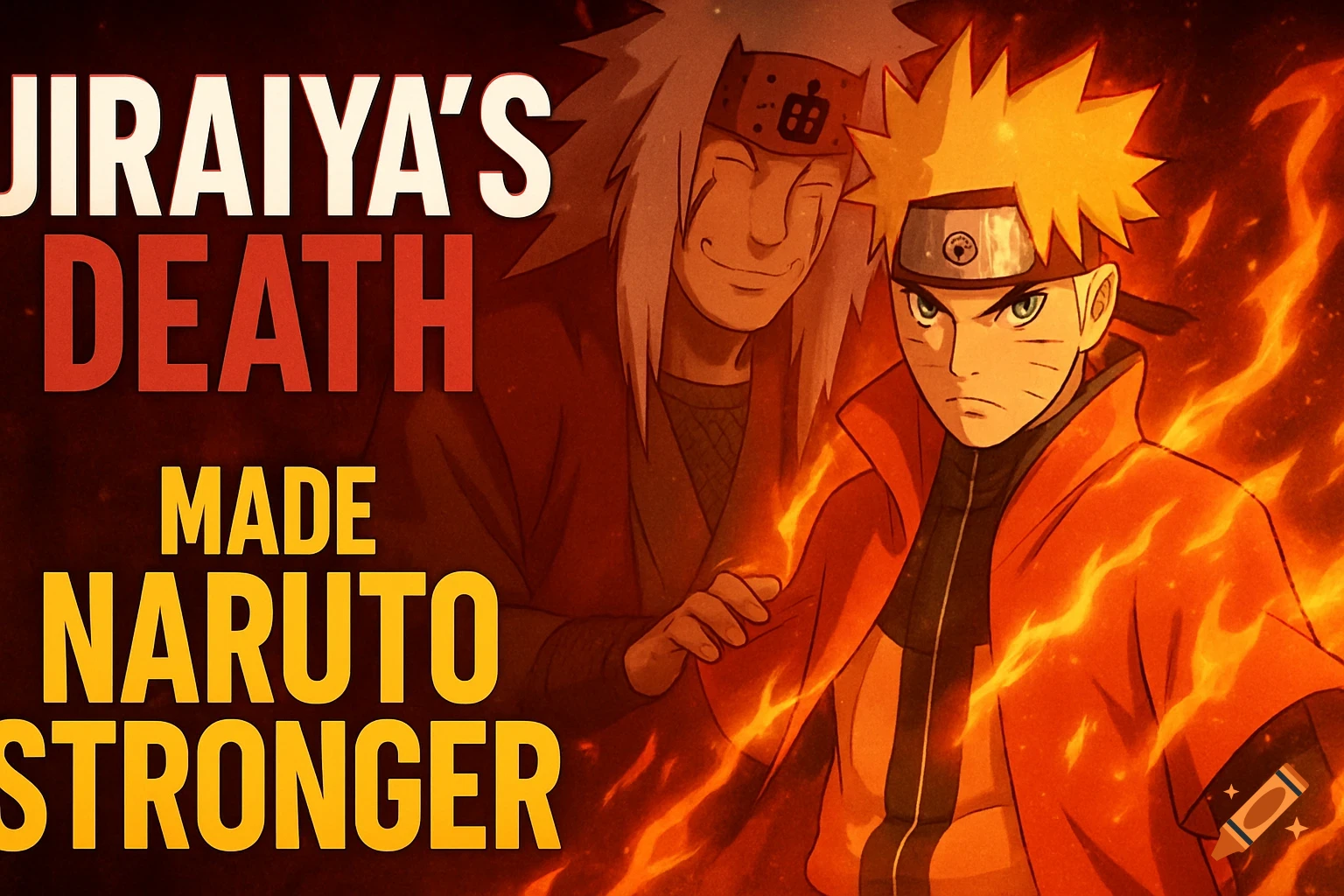 Anime style thumbnail featuring Naruto and a ghostly Jiraiya with flames, text reads 'Jiraiya's Death Made Naruto Stronger'.