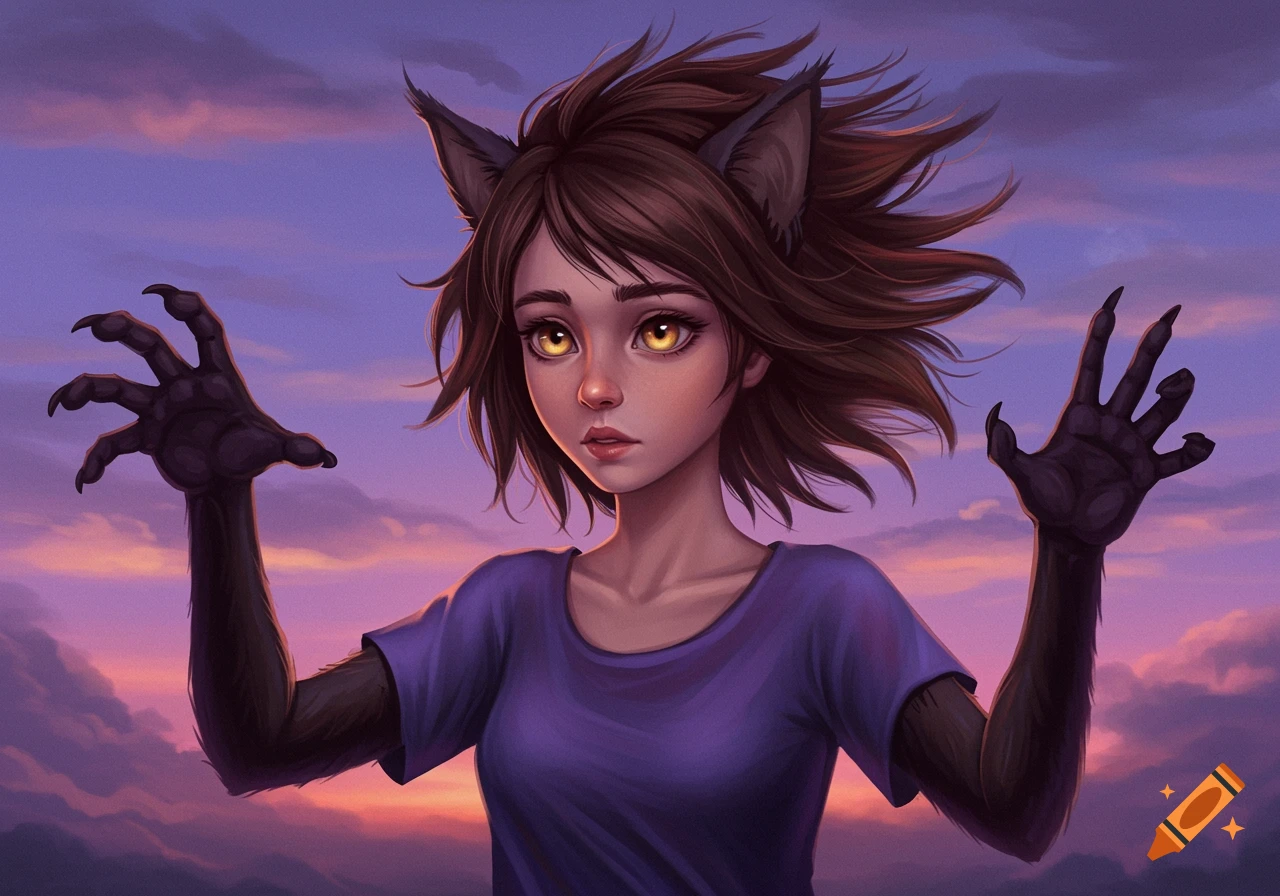 Digital painting of a teenage girl transforming, with cat ears, glowing eyes, and clawed hands, against a purple and orange sunset.