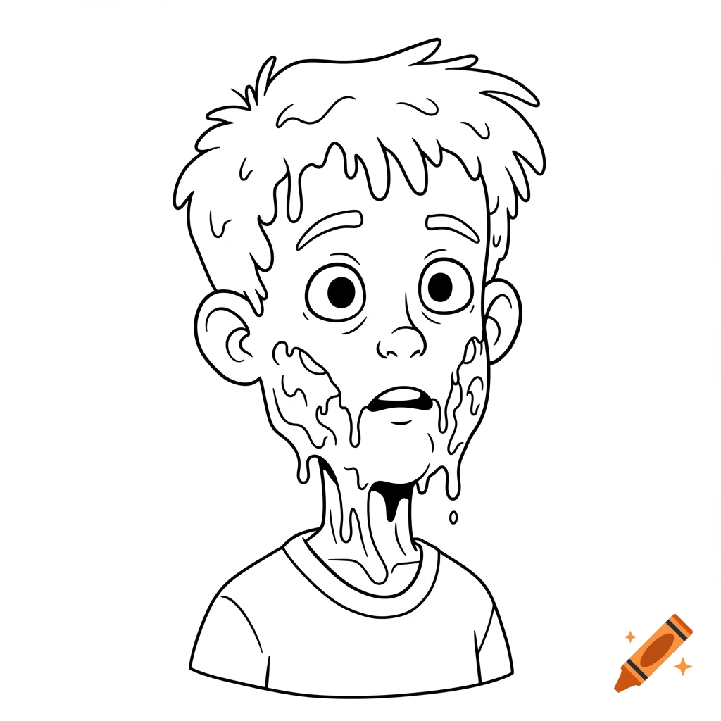 A black and white cartoon drawing of a boy with a melting face, depicted as a coloring page.