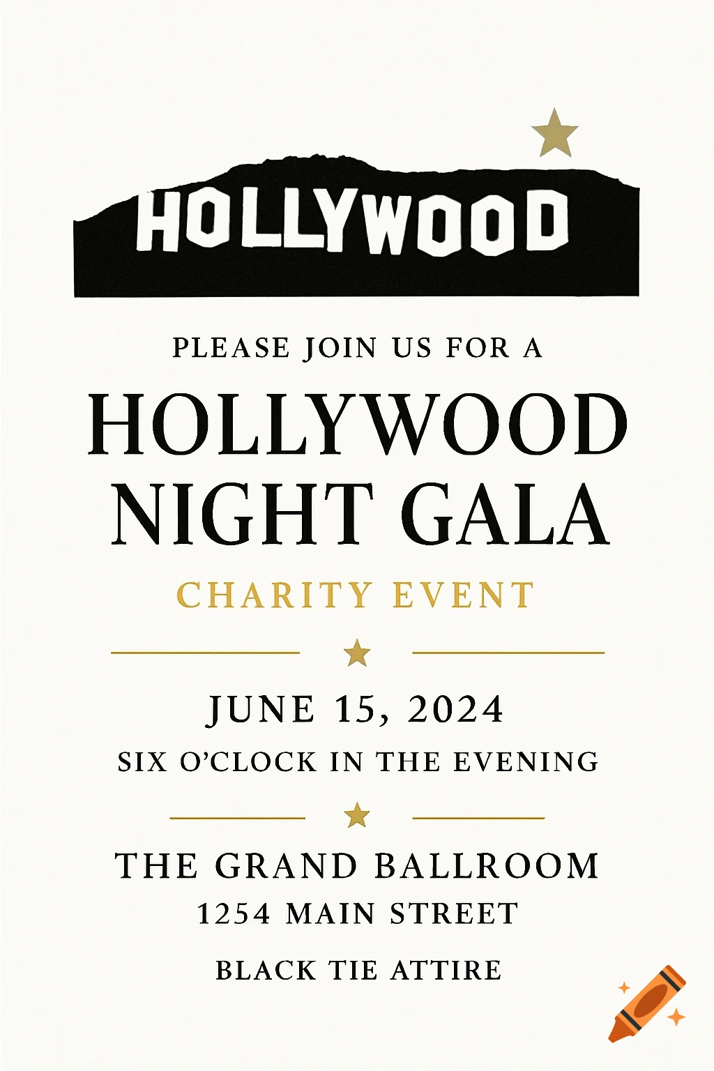 Elegant Hollywood Night Gala Charity Event invitation card with black text, gold accents, and a Hollywood sign icon on a white background.
