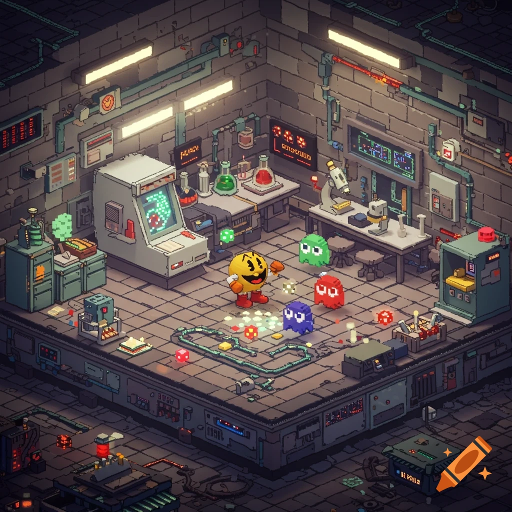 A pixel art isometric view of Pac-Man and three ghosts in a detailed science laboratory with an arcade machine, lab equipment, wires, and glowing pellets.