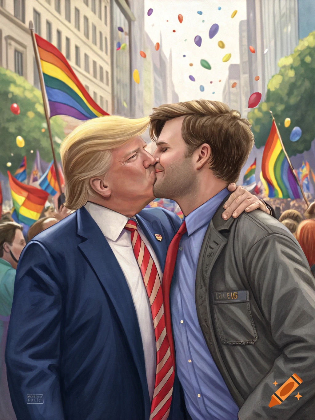 Donald Trump and JD Vance kissing at a colorful outdoor pride parade with rainbow flags and confetti.
