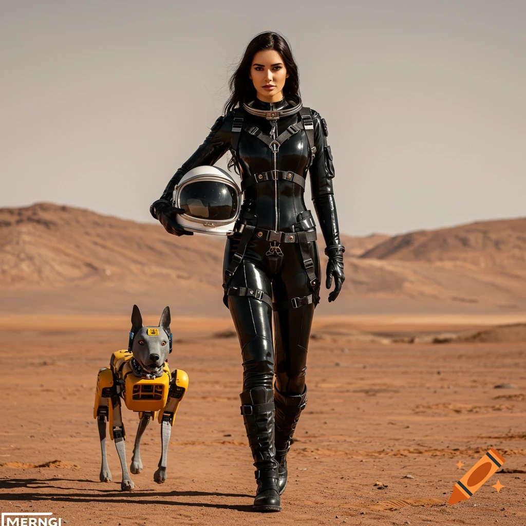 A woman astronaut in a black latex suit and her robot dog walk across a barren, sandy landscape under a clear sky.