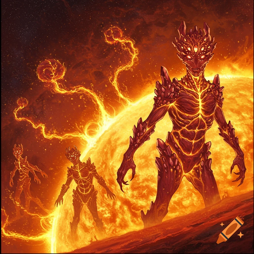 Three fiery, crystalline aliens stand on a volcanic, sun-like planet with a blazing star behind them, plasma tendrils extending into space.