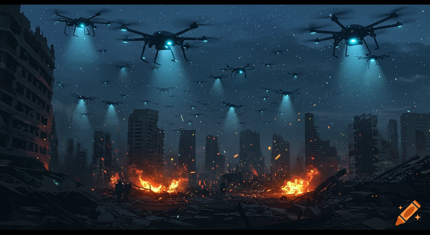 A futuristic swarm of drones with blue lights hovers over a ruined, burning city at night.