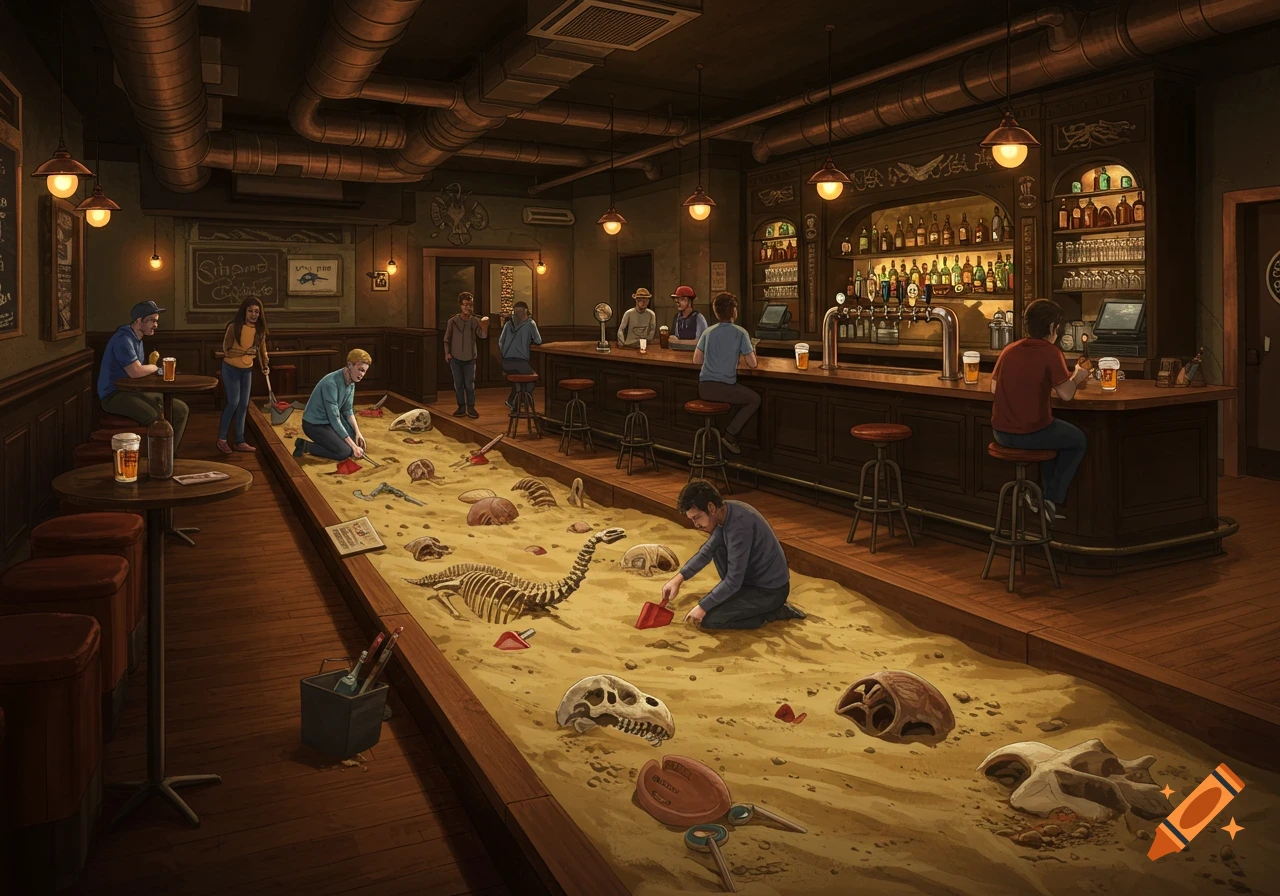 People in a dimly lit bar digging for dinosaur bones in a large sand pit, with others sitting at the bar.
