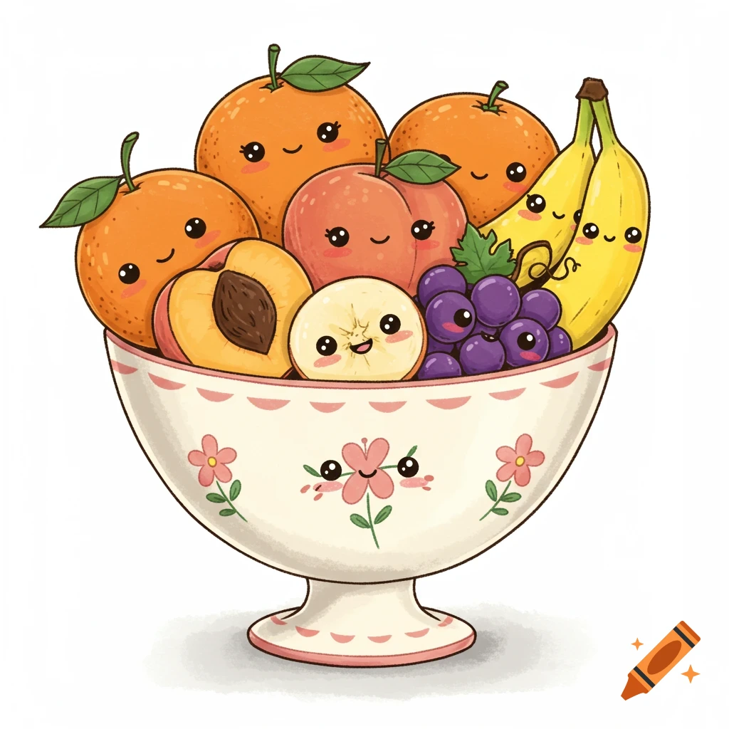 A cartoon illustration of a bowl filled with various fruits like oranges, peaches, bananas, and grapes, all with cute smiling faces.