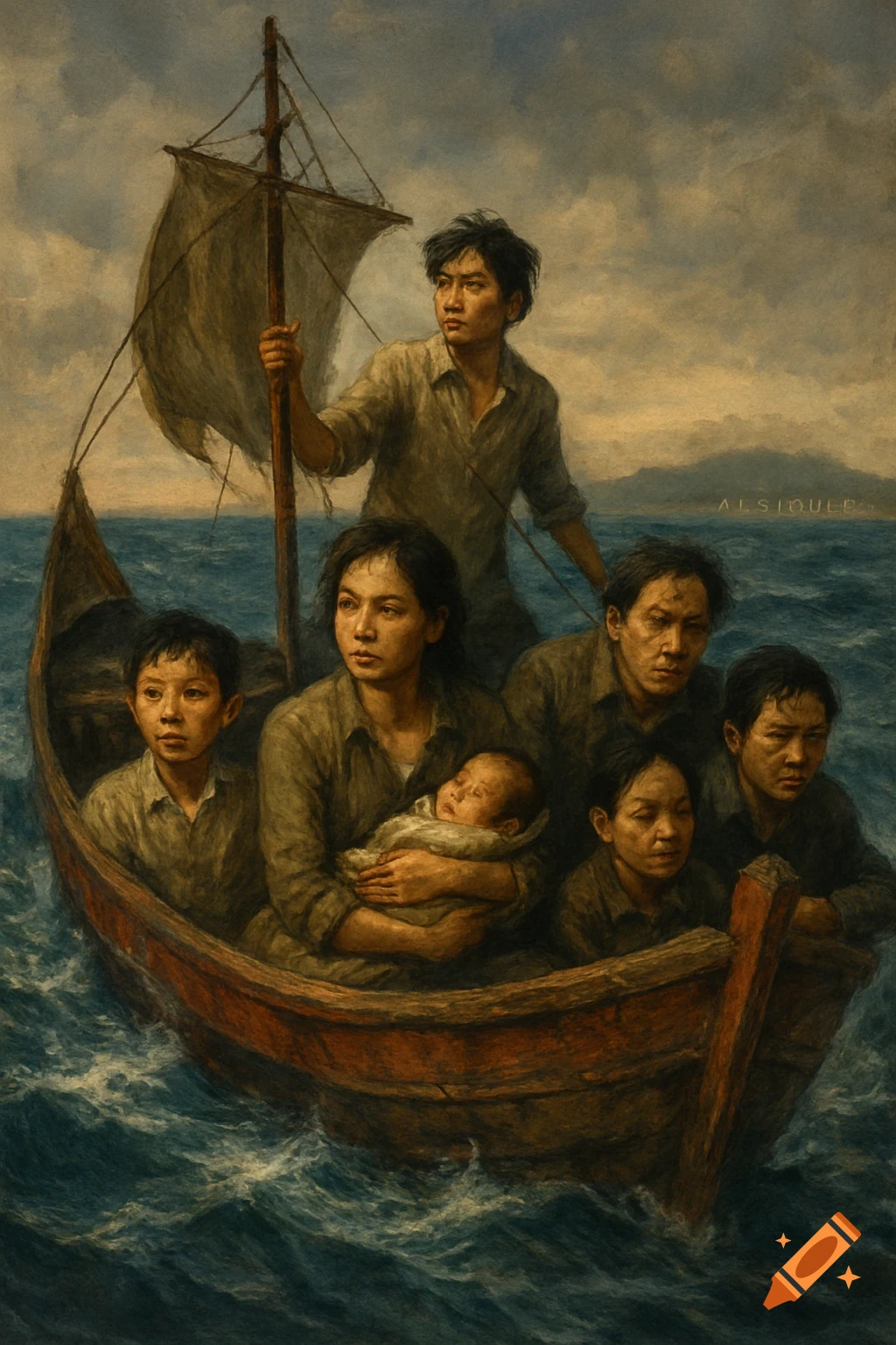 A painting shows a family with a baby in a small, crowded boat on a rough, stormy sea, looking distressed.