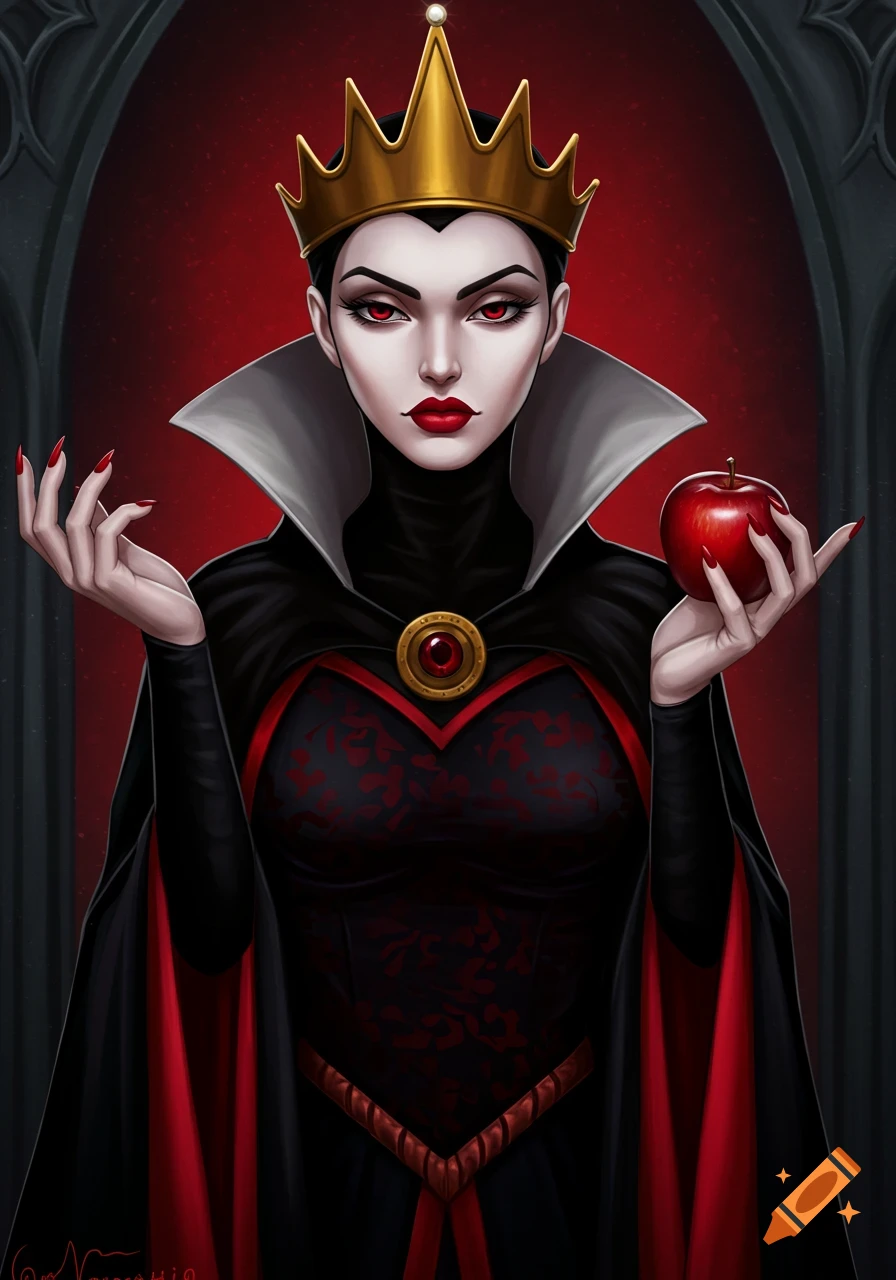 Stylized portrait of an evil queen with red eyes, wearing a black and red regal dress and a golden crown, holding a red apple.